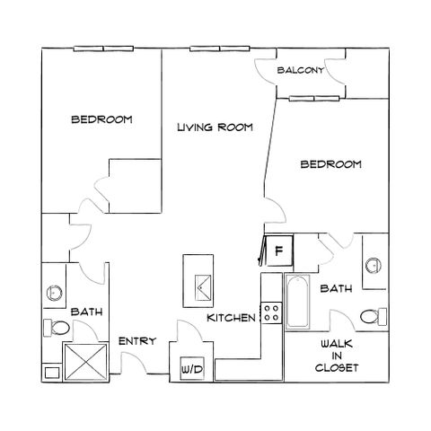 Modern floor plan highlighting two bedrooms, two bathrooms, open living room, and a balcony with a walk-in closet and stylish kitchen.