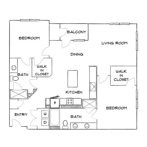Modern 2D floor plan featuring 2 spacious bedrooms with walk-in closets, open-concept living and dining area, stylish kitchen, and two well-appointed bathrooms. Includes cozy balcony for outdoor enjoyment.