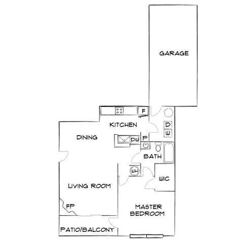 Contemporary apartment floor plan featuring a master bedroom, open living and dining area, modern kitchen, patio balcony, and attached garage for ideal urban living.
