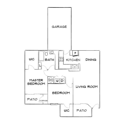 Modern floor plan showcasing 2 bedrooms, open living and dining area, kitchen, bath, and garage, plus patios for outdoor relaxation.