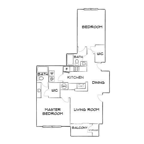 Contemporary 2D floor plan showcasing two bedrooms, a master bedroom, kitchen with dining area, spacious living room, and balcony access. Includes two well-appointed bathrooms and abundant storage space.