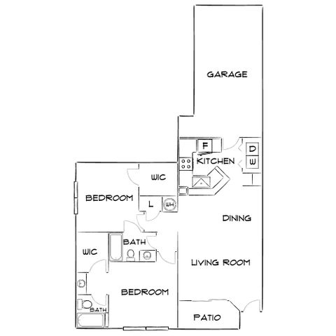Elegant floor plan showcasing 2 bedrooms with walk-in closets, open living and dining area, modern kitchen, and patio access, complete with garage.