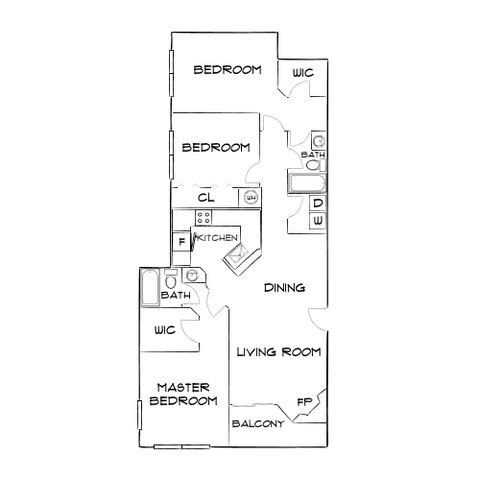 Spacious floor plan showcasing 3 bedrooms, open dining area, cozy living room with fireplace, modern kitchen, and a private balcony.