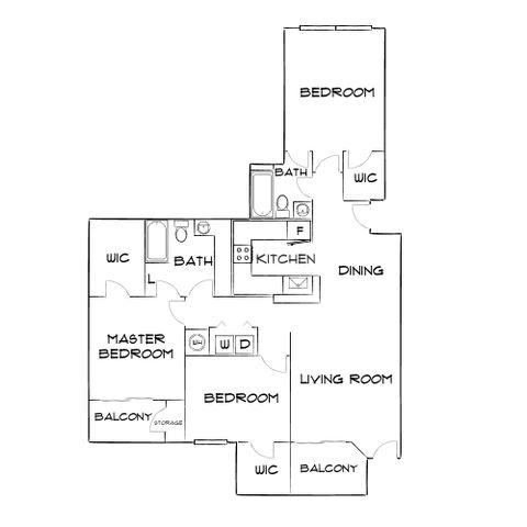 Elegant floor plan showcasing a spacious layout with 3 bedrooms, a modern kitchen, open dining and living areas, and two balconies enhancing outdoor living.
