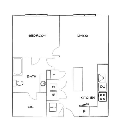 Modern 1-bedroom floor plan with spacious living area, elegant kitchen, and bathroom with walk-in closet.