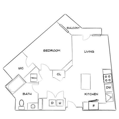 Contemporary 1-bedroom floor plan featuring an open living area, modern kitchen, and private balcony.