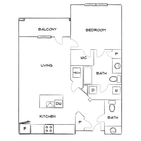 Modern floor plan showcasing spacious bedroom, two bathrooms, open-concept living and kitchen area, and a large balcony.