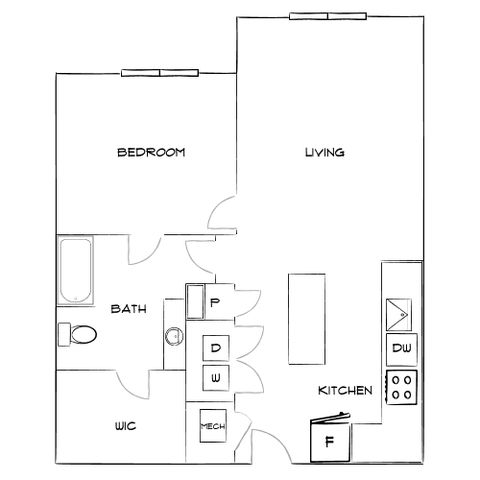 Chic apartment floor plan featuring 1 bedroom, spacious living area, modern kitchen, and a full bath with a walk-in closet.