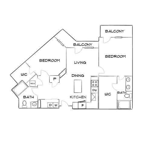 Modern floor plan with 2 bedrooms, spacious living and dining area, two balconies, and efficient kitchen.