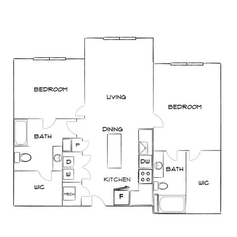 Sophisticated floor plan showcasing 2 bedrooms, spacious living area, stylish kitchen, and two luxurious baths.