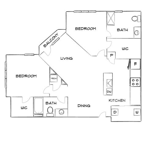 Modern floor plan featuring 2 bedrooms, spacious living area with balcony, and a sleek kitchen with dining space.