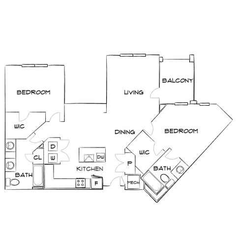 Chic floor plan showcasing 2 spacious bedrooms, open living and dining areas, modern kitchen, and a charming balcony.