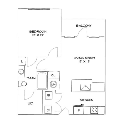 Inviting apartment layout featuring a cozy bedroom with a private balcony, open living room, modern kitchen, spacious bath, and ample closet space.
