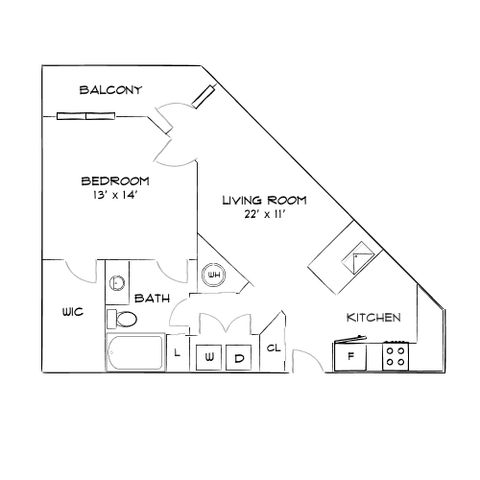 Chic floor plan featuring a spacious 1 bedroom with balcony access, open living room, modern kitchen, and convenient bath with washer-dryer setup.