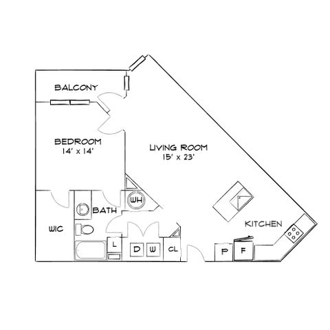 Chic floor plan showcasing 1 bedroom, expansive living room, modern kitchen, and private balcony.
