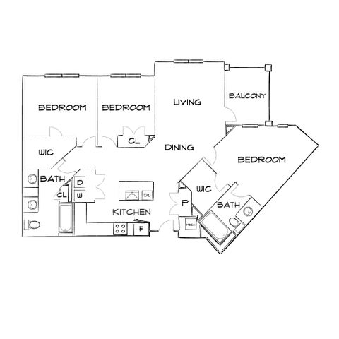 Elegant floor plan showcasing 3 bedrooms, open living and dining area, modern kitchen, and private balcony access.