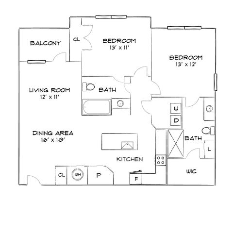 Modern apartment floor plan featuring 2 bedrooms, 2 bathrooms, open-concept kitchen and living room, spacious dining area, balcony, and walk-in closet.