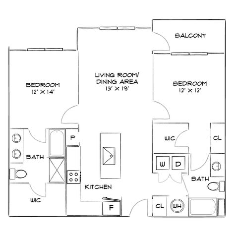 Chic floor plan illustrating 2 bedrooms, open living and dining area, modern kitchen, and private balcony.
