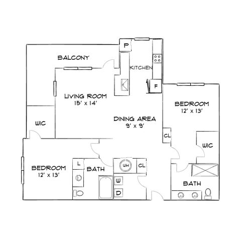 Elegant floor plan featuring 2 spacious bedrooms, a cozy living room with balcony access, and a modern kitchen adjacent to a dining area.