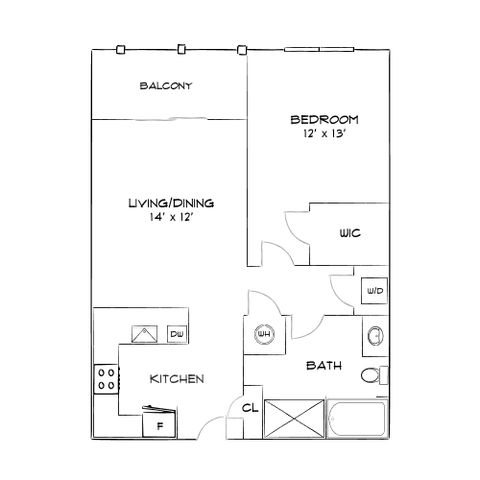 Chic floor plan showcasing a spacious bedroom with walk-in closet, open living and dining area, modern kitchen, and private balcony for comfortable living.