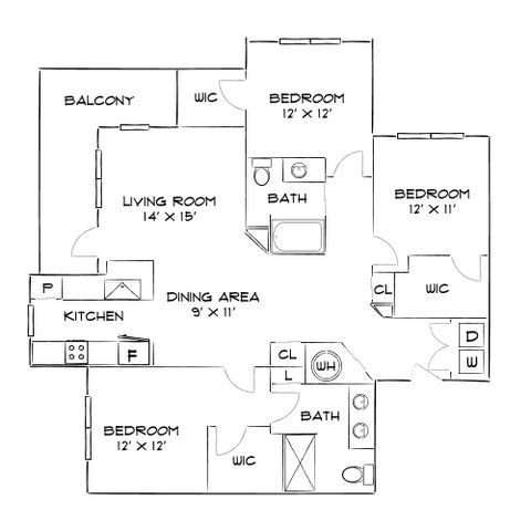 Inviting 3-bedroom floor plan with spacious living room, modern kitchen, dining area, and two well-appointed bathrooms, complete with balcony access.