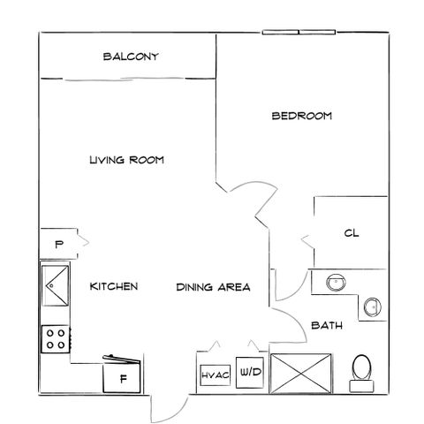 Modern 1-bedroom apartment floor plan featuring a cozy living room, stylish kitchen, and private balcony, complete with dining area and bathroom amenities.