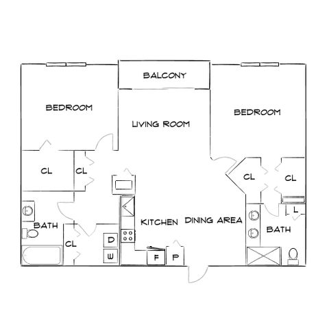 Modern apartment floor plan featuring 2 bedrooms, expansive living room with balcony access, and a spacious kitchen dining area.