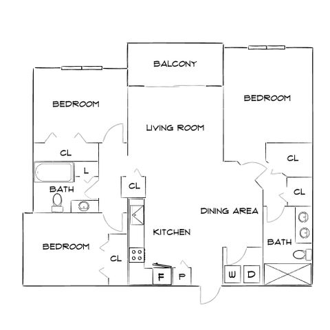Inviting floor plan showcasing 3 bedrooms, open living room leading to a balcony, and a modern kitchen with adjacent dining area.