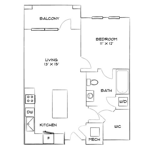 Thoughtfully designed floor plan showcasing a seamless 1-bedroom layout with open living area, modern kitchen, private balcony, and convenient bathroom.