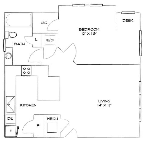 Modern floor plan showcasing a spacious 1-bedroom apartment with an integrated living area, a functional kitchen, and a sleek desk space.