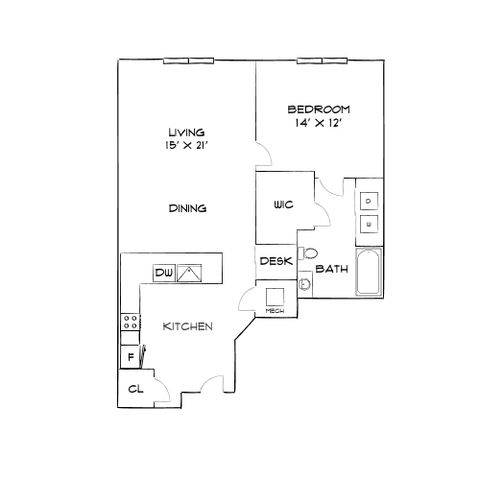 Chic apartment floor plan with a spacious living and dining area, modern kitchen, large bedroom with walk-in closet, and a convenient bathroom.