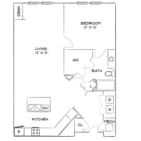 Chic floor plan showcasing 1 bedroom, a spacious living area with a desk, modern kitchen, and convenient walk-in closet.