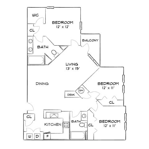 Chic 3-bedroom apartment floor plan with an inviting living area, modern kitchen, two bathrooms, and a private balcony.
