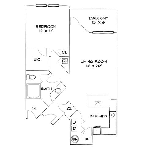 Charming floor plan with 1 bedroom, a spacious living room, inviting balcony, and modern kitchen for stylish living.