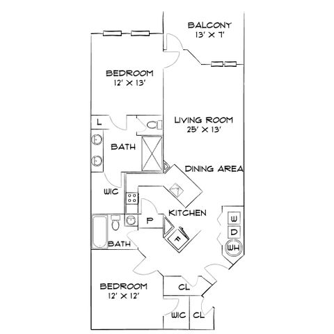 Modern apartment floor plan featuring 2 spacious bedrooms, open living and dining area, and private balcony for relaxation.