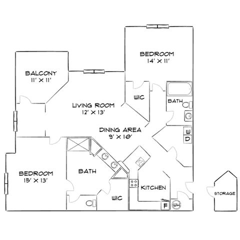 Elegant floor plan showcasing 2 spacious bedrooms, modern kitchen, dining area, cozy living room, and a private balcony.