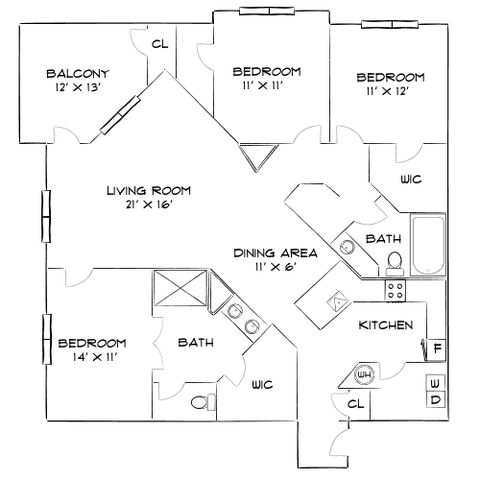 Spacious 3-bedroom apartment floor plan with an open living room, dining area, modern kitchen, and balcony, featuring two bathrooms for convenience.