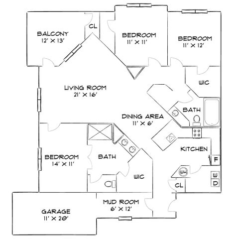 Elegant 2D floor plan showcasing a spacious layout with 3 bedrooms, open living room, dining area, modern kitchen, and private balcony. Includes garage and mud room for convenience.