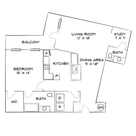 Upscale floor plan featuring a spacious bedroom, open-concept kitchen and dining area, cozy living room with adjoining balcony, and additional study space.