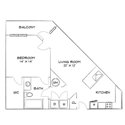 Elegant 1-bedroom floor plan with a spacious living room, modern kitchen, and private balcony.