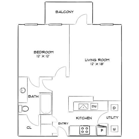 Inviting floor plan with 1 bedroom, spacious living room, cozy kitchen, and a private balcony for optimal leisure.