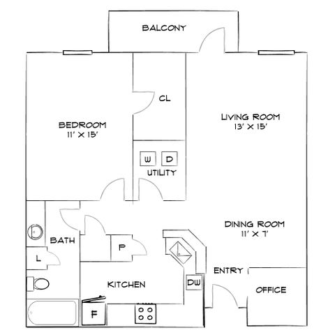 Charming floor plan showcasing 1 bedroom, spacious living room with balcony, and cozy office space.