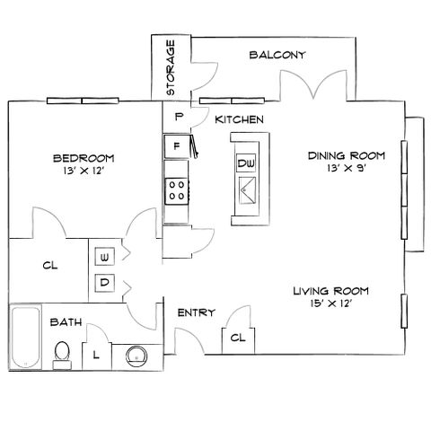 Charming floor plan showcasing 1 bedroom, modern kitchen, cozy living and dining area, and inviting balcony.