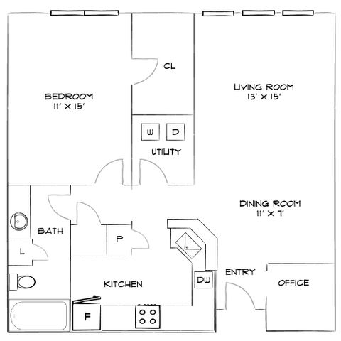 Charming 2D floor plan showcasing a cozy living room, spacious bedroom, functional kitchen, and dedicated office space.