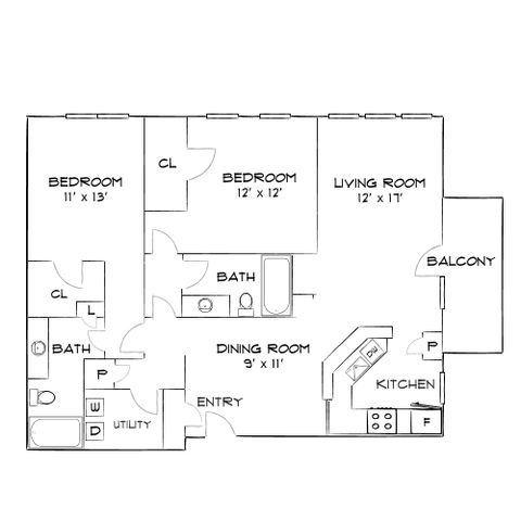 Modern 2D floor plan featuring 2 bedrooms, 2 bathrooms, a spacious living room, kitchen, and dining area with an inviting balcony.