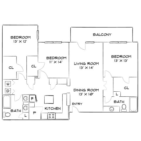 Elegant floor plan showcasing 3 bedrooms, spacious balcony, modern kitchen, and cozy living-dining area.