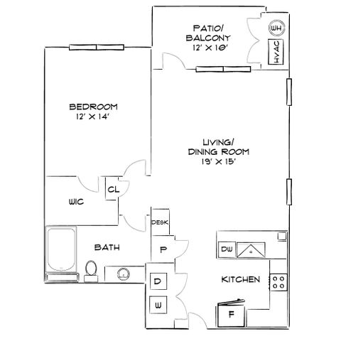 Modern floor plan showcasing a spacious 1-bedroom apartment with a balcony, open living/dining area, and well-equipped kitchen.