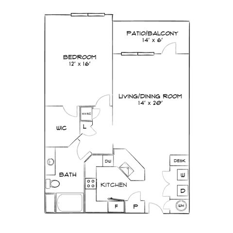 Charming floor plan showcasing a spacious bedroom, modern kitchen, and an inviting living/dining room leading to a patio/balcony.