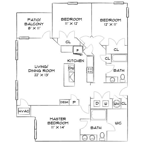 Charming floor plan with 3 bedrooms, open living/dining room, modern kitchen, two bathrooms, and a cozy patio/balcony.