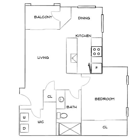Modern apartment floor plan featuring 1 bedroom, open kitchen and dining area, spacious living room, and a private balcony.